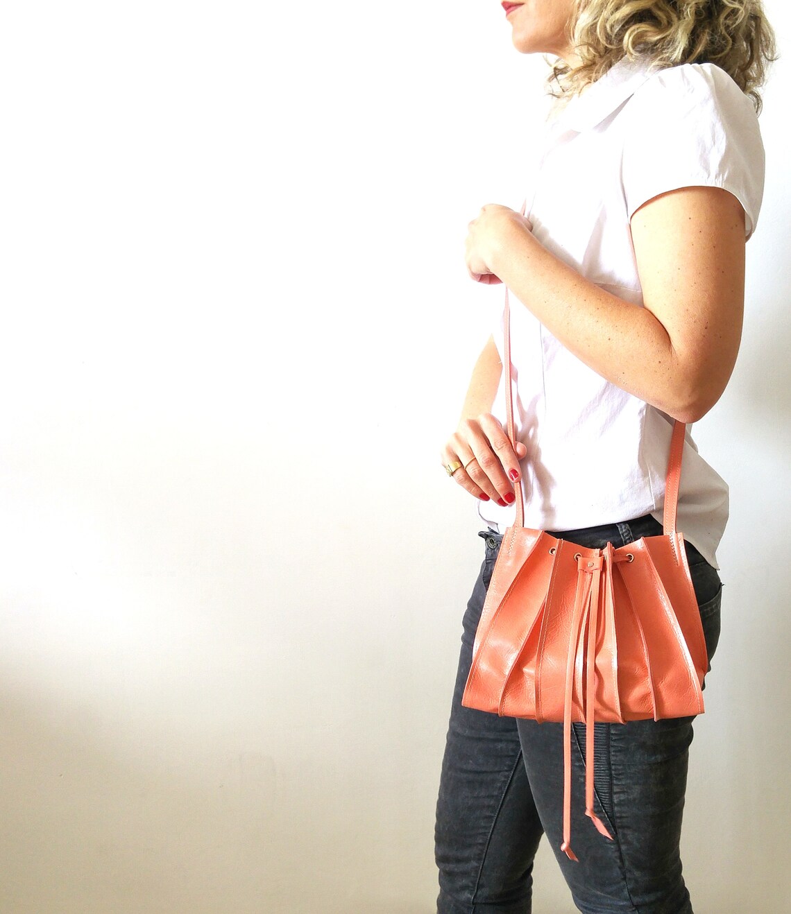Salmon Pink Leather Crossbody Bag Gift for Her Accordion Bag Etsy