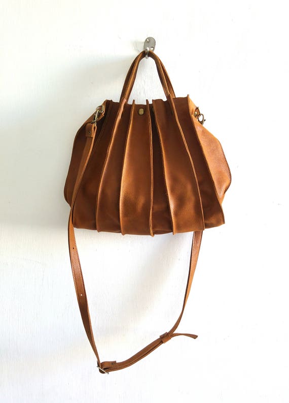 Brown Leather Handbag Cross Bag Gift for Her Accordion Bag 