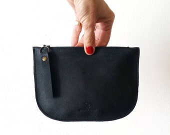 Black matt leather zipper purse, Makeup Bag , leather wallet ,leather purse