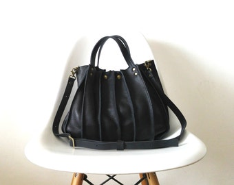 Black leather handbag cross bag gift for her  - accordion bag