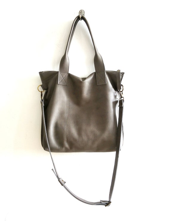 gray leather tote