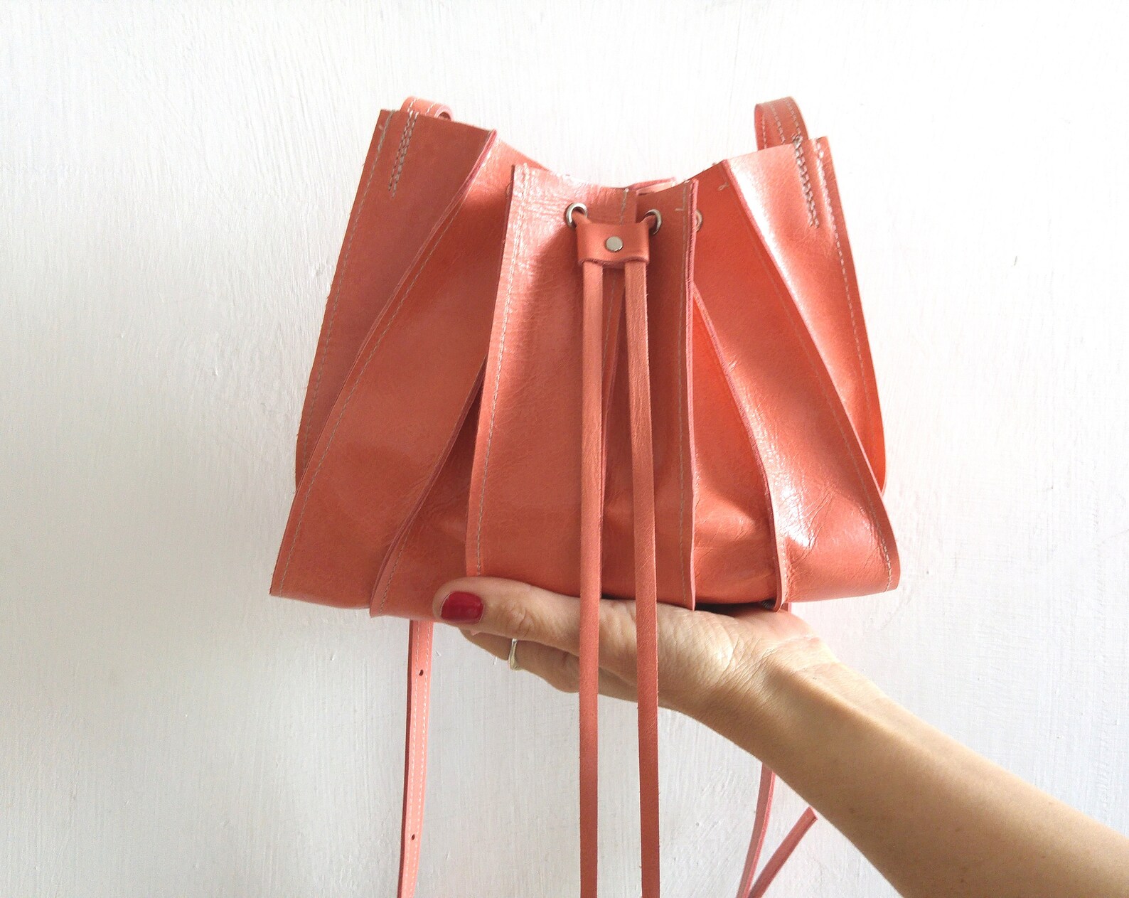 Salmon Pink Leather Crossbody Bag Gift for Her Accordion Bag Etsy
