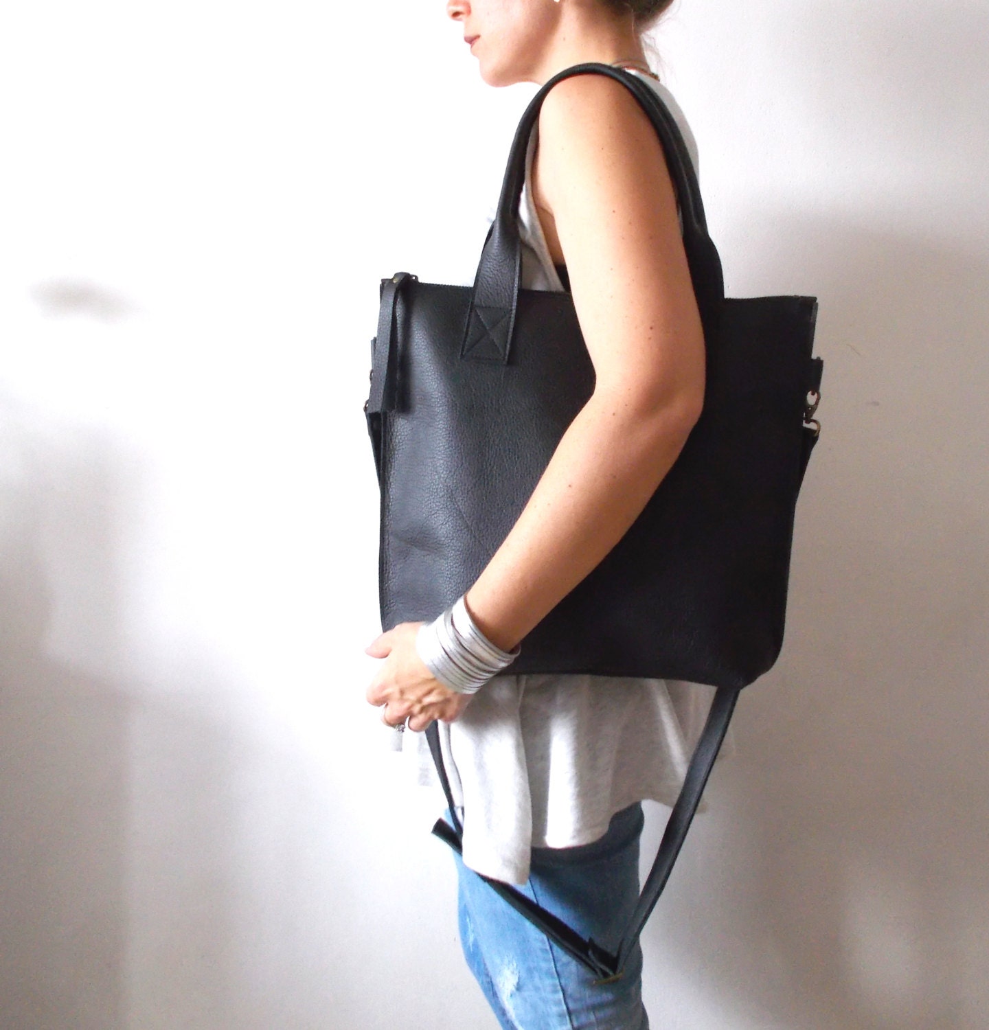 Black Leather Tote crossbody Bag - Etsy