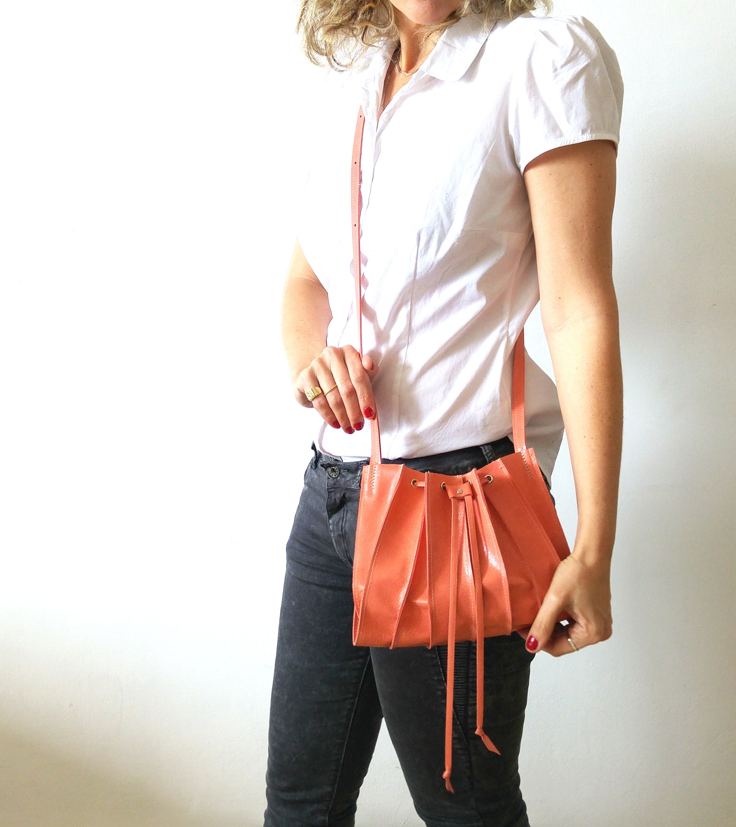 Salmon Pink Leather Crossbody Bag Gift for Her Accordion Bag Etsy