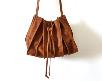 Bucket bag Brown leather crossbody bag gift for her  - accordion bag