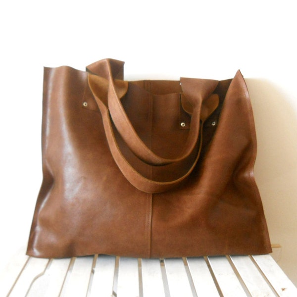 Oversize  leather tote bag , for every day use - brown