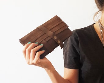Cartera de cuero marrón, cartera de mujeres de cuero