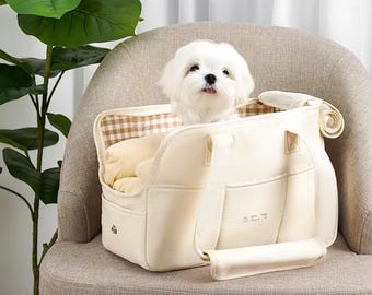 Bolsa de transporte para perros de algodón con soporte acolchado – Bolsa de viaje ligera (beige/gris)