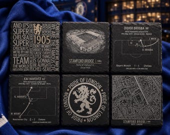 Chelsea FC Slate Coasters | Stamford Bridge, Drogba & Havertz Goals, Chants and Map | Football Gift | Build Your Own Set