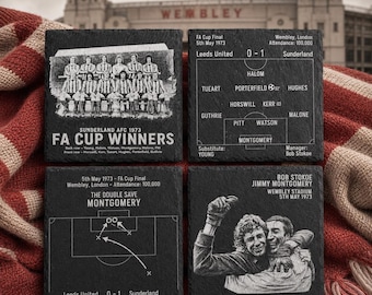 Sunderland 1973 FA Cup Final Slate Coaster Set | Wembley Winners, Montgomery Double Save & Bob Stokoe