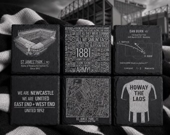 Newcastle Football Slate Coasters | St James’ Park, Dan Burn Goal, Geordie Chants & Map | Build Your Own Set