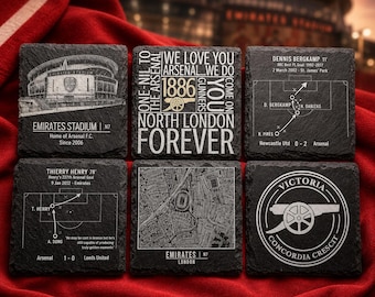 Arsenal Football Slate Coasters | Emirates Stadium, Henry & Bergkamp Goals, Gunners Chants and North London Gift