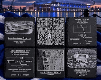 Everton FC Slate Coasters | Goodison Park & Bramley-Moore Dock | Toffees Fan Gift | Singles or Sets of 4, 5 or 6 with Holder