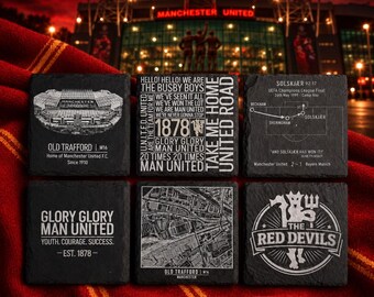 Manchester United Football Slate Coasters | Old Trafford, Chants, Solskjær Goal & Map | Build Your Own Set | Red Devils Gift