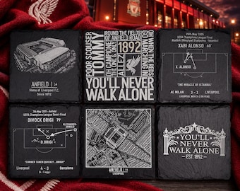 Liverpool FC Football Slate Coasters | Build Your Own Set of 4, 5 or 6 | Anfield, Chants, Goals & Map | Free Holder