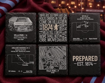 Aston Villa Football Slate Coasters | Villa Park, 1982 & 2026 European Cup Goals, Chants, Map and 'Prepared' Gift