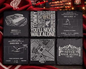 Posavasos de pizarra del Liverpool Football Club / Crea tu propio juego de 4, 5 o 6 / Anfield, cánticos, goles y mapa / Soporte gratuito