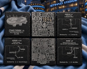 Man City Inspired Slate Coasters | Etihad Stadium, Agüero, Kompany & Rodri Goals, Chants and Map | Build Your Own Set