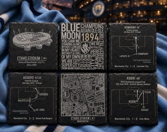 Man City Inspired Slate Coasters | Etihad Stadium, Agüero, Kompany & Rodri Goals, Chants and Map | Build Your Own Set