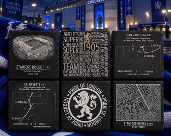 Chelsea FC Slate Coasters | Stamford Bridge, Drogba & Havertz Goals, Chants and Map | Football Gift | Build Your Own Set