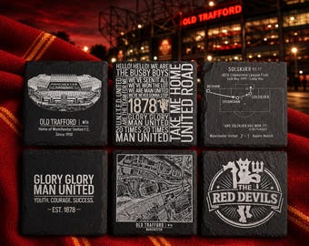 Manchester United Football Slate Coasters | Old Trafford, Chants, Solskjær Goal & Map | Build Your Own Set | Red Devils Gift