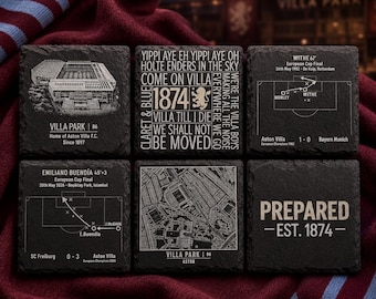 Aston Villa Football Slate Coasters | Villa Park, 1982 & 2026 European Cup Goals, Chants, Map and 'Prepared' Gift