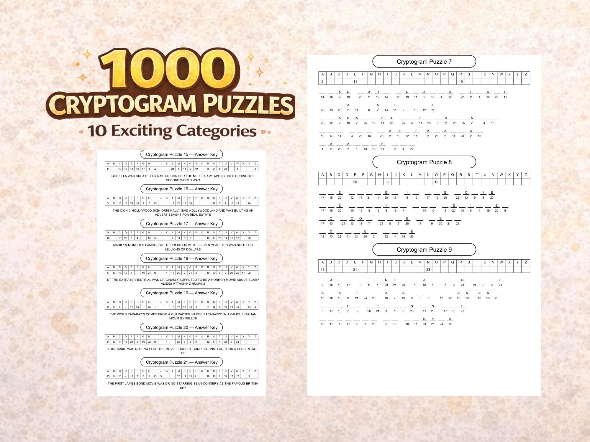 1000 Cryptogram Puzzles Printable, Word Puzzle Book for Adults, 10 ...