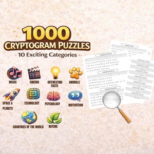 Könnte beinhalten: Werbebild für ein Rätselbuch mit dem Titel "1000 Cryptogram Puzzles". Das Bild zeigt den Titel des Buches, Kategorie-Icons und Beispiel-Rätselseiten mit einer Lupe. Zu den Kategorien gehören Musik, Kino und Tiere.