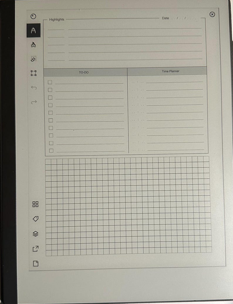 “Clean and professional digital daily notes template for developers, designed for reMarkable tablets. Includes to-do lists, time tracking, and free note sections. Perfect for productivity.”
