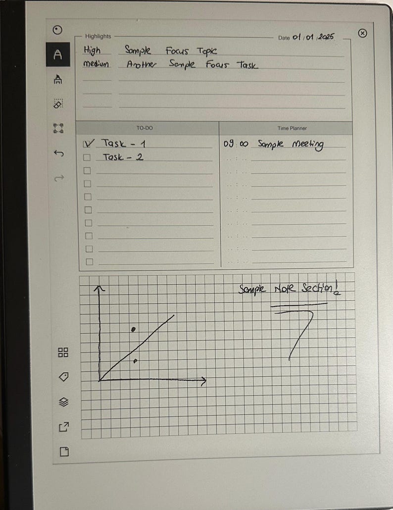 “Clean and professional digital daily notes template for developers, designed for reMarkable tablets. Includes to-do lists, time tracking, and free note sections. Perfect for productivity.”