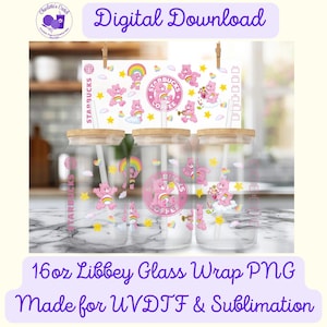 Cartoon Character, Pink Bears - 16oz Libbey Glass Wrap PNG, Digital File for UVDTF or Sublimation