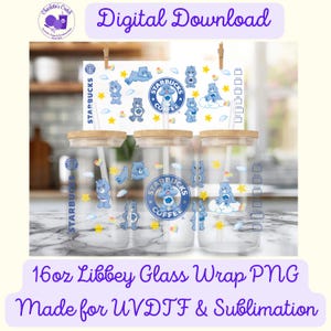 Cartoon Character, Blue Bears - 16oz Libbey Glass Wrap PNG, Digital File for UVDTF or Sublimation