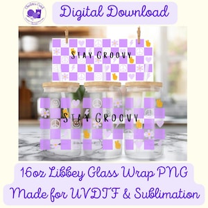 Stay Groovy Checkerboard, Viola - Confezione in vetro Libbey da 16 once PNG, file digitale per UVDTF o sublimazione