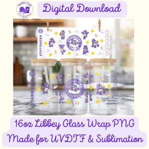 Cartoon Character, Purple Bears  - 16oz Libbey Glass Wrap PNG, Digital File for UVDTF or Sublimation
