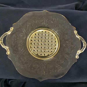 13&quot; Lancaster Topaz Yellow Depression Glass Cake Plate Cane Landrum Vintage