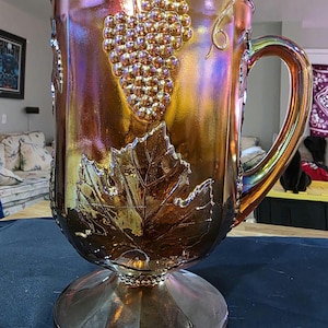 Vintage Carnival Glass Pitcher Harvest Grape Pattern Iridescent Amber