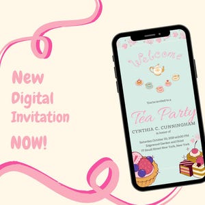 May include: A digital invitation for a tea party in honor of Cynthia C. Cunningham. The invitation is on a blue background with a pink border and features a teapot, teacups, and pastries. The text "Welcome" is at the top of the invitation, and the text "Tea Party" is in a large, pink font. The date and time of the party are listed below, along with the location: Edgewood Garden and Hotel, 77 Small Street New York, New York.