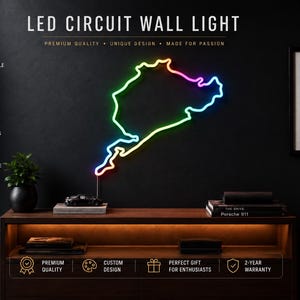 Mapa toru Nürburgring Nordschleife LED, grafika ścienna Green Hell Racing, dekoracja pokoju Sim Racing, prezent dla fanów motoryzacji, tabliczka na garażu Man Cave