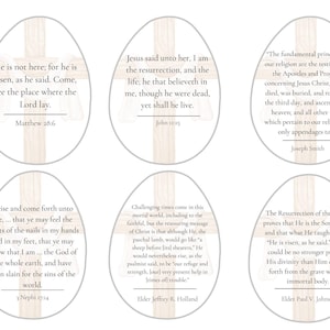May include: Four pastel pink Easter eggs with white crosses and inspirational quotes about the resurrection of Jesus Christ. The quotes are from the Bible and from LDS Church leaders.