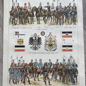 Puede incluir: Impresión vintage titulada "ALLEMAGNE" con ilustraciones de uniformes militares alemanes, banderas y emblemas. La impresión muestra soldados a caballo y a pie, con representaciones detalladas de su vestimenta e insignias. La paleta de colores incluye azules, verdes y marrones.
