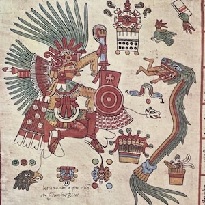 Aztekiskt tryck från 1936: Codex Borbonicus - Tezcatlipoca och Quetzalcoatl