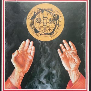 May include: An illustration featuring two hands with open palms, painted in shades of orange and red, reaching towards a central circular emblem. The emblem is tan with black text and symbols, set against a dark background with wispy white accents.