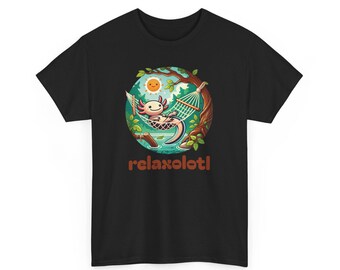 Puede incluir: Camiseta negra con un diseño de dibujos animados colorido de un ajolote relajándose en una hamaca bajo un sol sonriente. La palabra "relaxolotl" está impresa en naranja. Un diseño divertido y relajado para ropa casual.