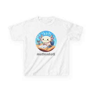 May include: White t-shirt featuring a cartoon axolotl wearing glasses and doing maths problems. The axolotl is sitting at a desk with a pencil and calculator. The text "mathsolottl" is printed below the image.