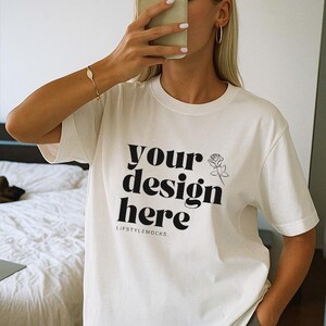 White Comfort Colors 1717 Shirt Mockup, Cute Girl Summer Lifestyle Mockup,  Oversized Tee, Aesthetic T-Shirt Display for POD Sellers