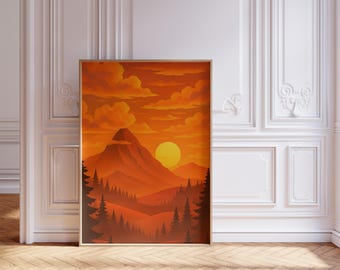 Arte mural con paisaje de montaña al atardecer: descarga digital imprimible / Póster de naturaleza en naranja intenso / Escena serena de bosque y pico / Sin marco
