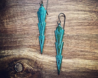Triangle Earrings / Geometric Earrings / Patina Jewelry / Verdigris Earrings