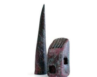 Little Clay House / House with Tree / Hand Sculpted / Rustic Distressed / Miniature Decor