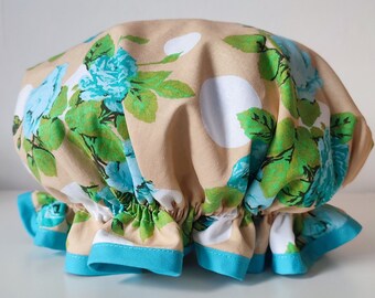 Blue Roses, shower cap bath bonnet hat turquoise green beige big dot frilly floral vintage chintz style  - ready to ship