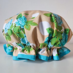 Blue Roses, shower cap bath bonnet hat turquoise green beige big dot frilly floral vintage chintz style ready to ship image 1